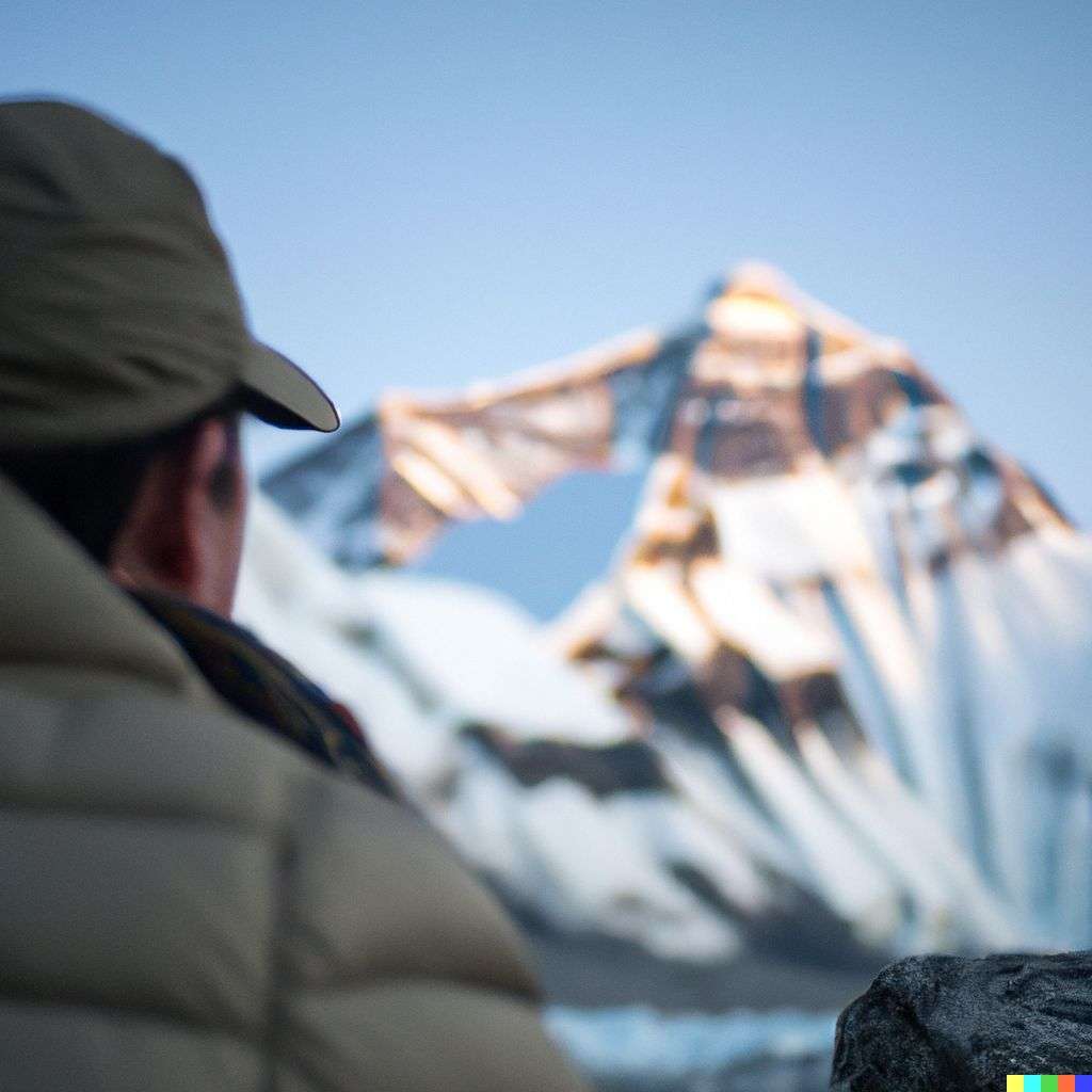 someone gazing at Mount Everest, photograph, f1.4, very shallow depth of field